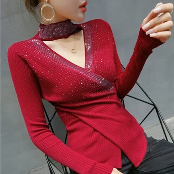 

Autumn Winter Knitted Sweater Diamond V neck irregular Cross Pullovers top Long sleeve Women Sweater bottoming shirt