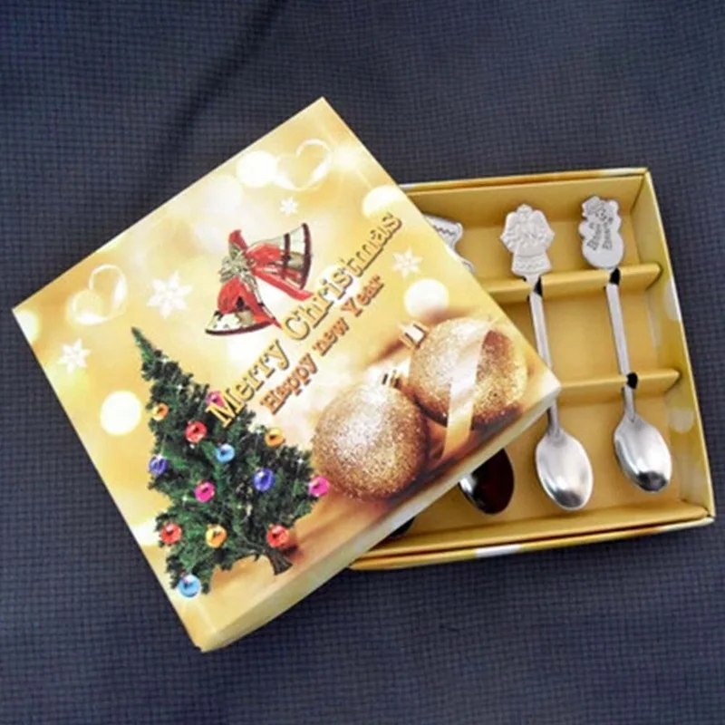 4pcs/set Stainless Steel Christmas Tableware Coffee Spoons Ice Cream Dessert Spoon Snowman Tree Kids Drinking Tea Scoop