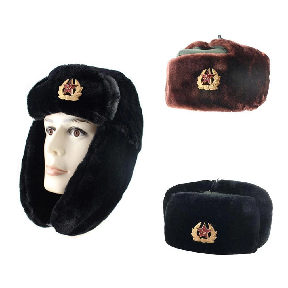 Soviet Army Military Badge Russia Ushanka Warm Hats Men Caps Rabbit Winter Thick Fur Hats Faux Women Warm Outdoor Earflap E9H6 warmest bomber hat