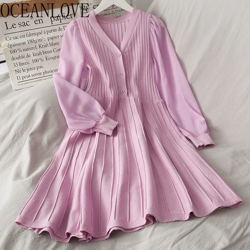 

OCEANLOVE Knitted Spring Solid Women Dress A-line 2020 V Neck Puff Sleeve Midi Dresses 2020 Elegant OL Fashion Vestidos 15904