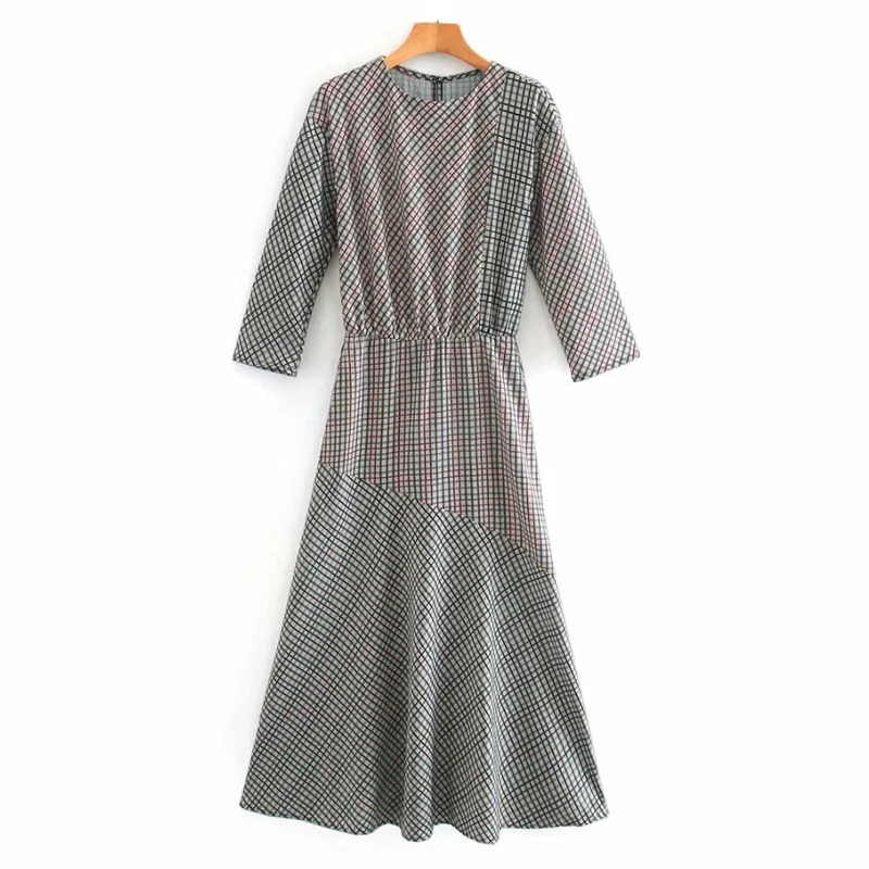 Za Summer Plaid Midi Dress Women O-neck Draped Dresses Long Sleeve Gathered Waist Lady Fashion Office Dress Back Buttons and Zip