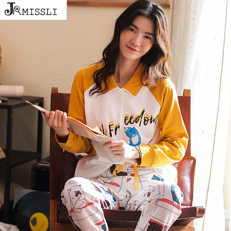 

JRMISSLI pajamas Women Two Pieces Set Cotton Home Suit Long-Sleeved pyjama femme pijama mujer lingerie