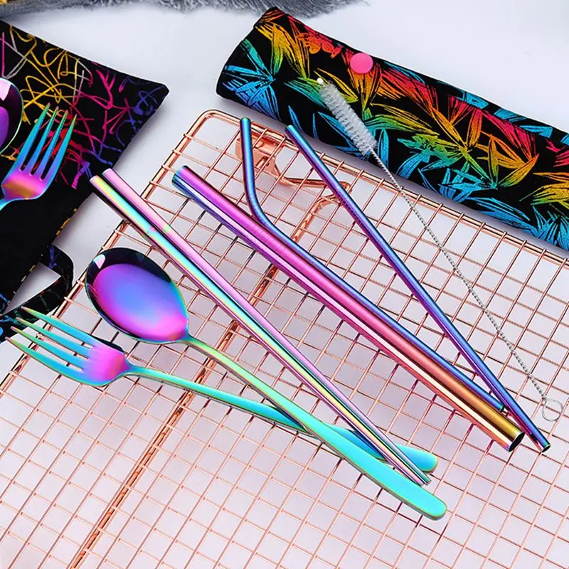 New Stainless Steel Tableware Set With Bundle Pocket Portable Spoon Chopsticks Fork Straw Brush