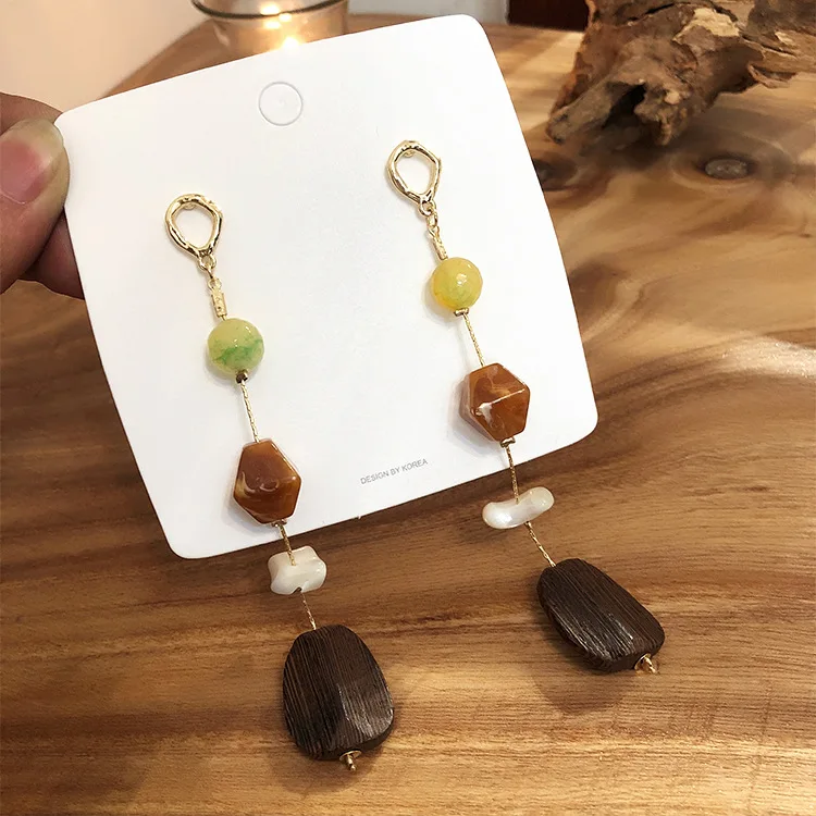 AOMU S925 Sterling Silver Pin New Resin Acrylic Colorful Long Shell Stone Wood Dangle Drop Earrings for Women Girl Jewelry Gift - Окраска металла: A