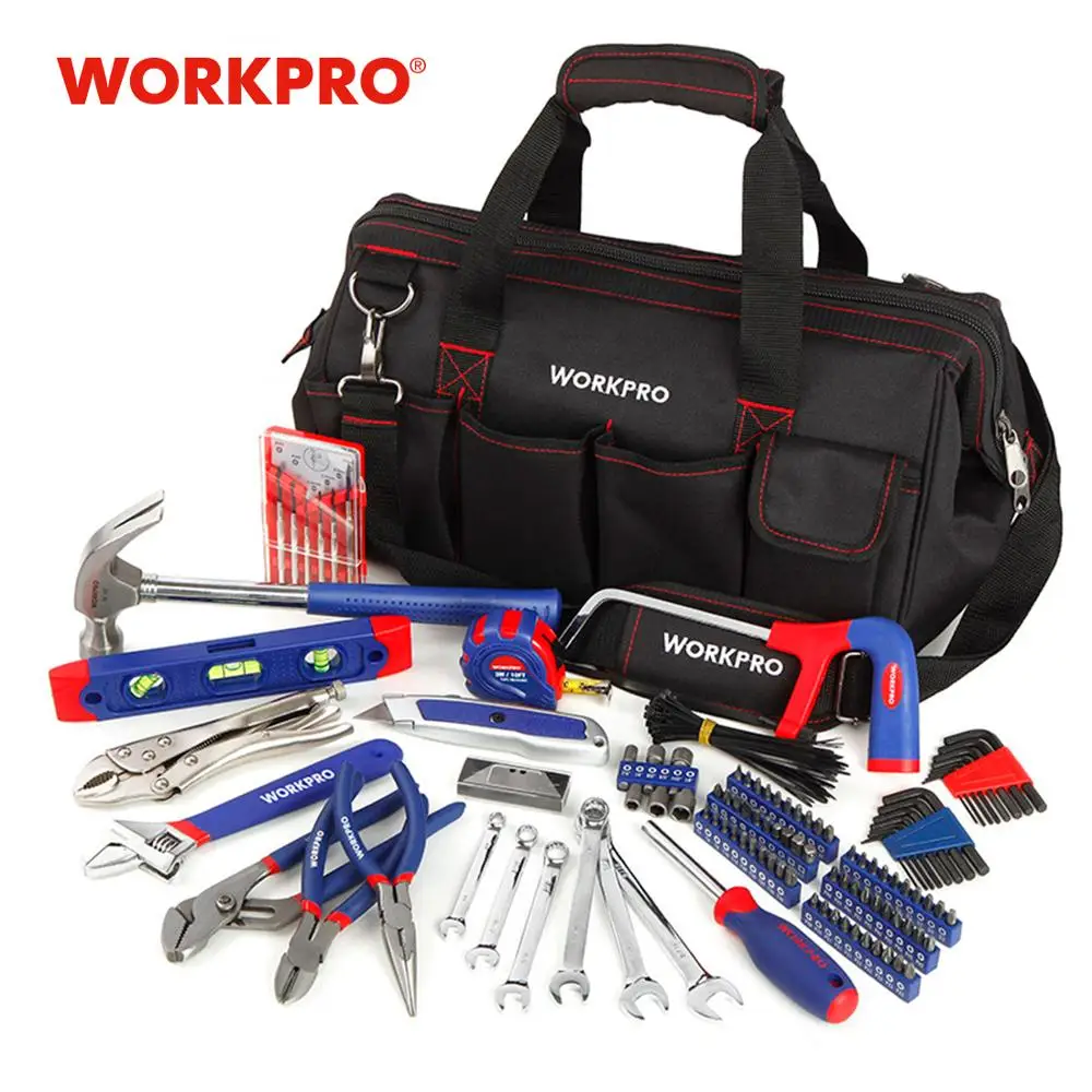WORKPRO 156PC Home Tool Set Plumbing Plier Needle Nose Pliers Dual wrench Set Hammer Saw Screwdriver Bits Set Hex Key Tape Level