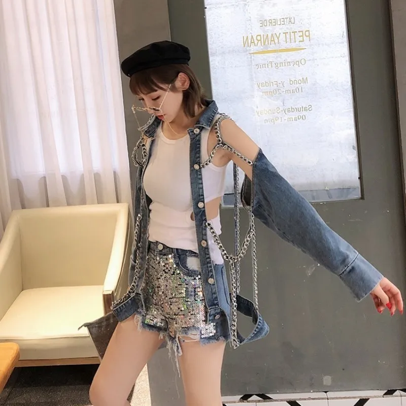 Punk Rock Chain Denim Jassen Vrouwen Hole Hollow Out Lange Mouw Hip Hop Jeans Jas Jassen 2020 Nieuwe Dames Mode streetwear