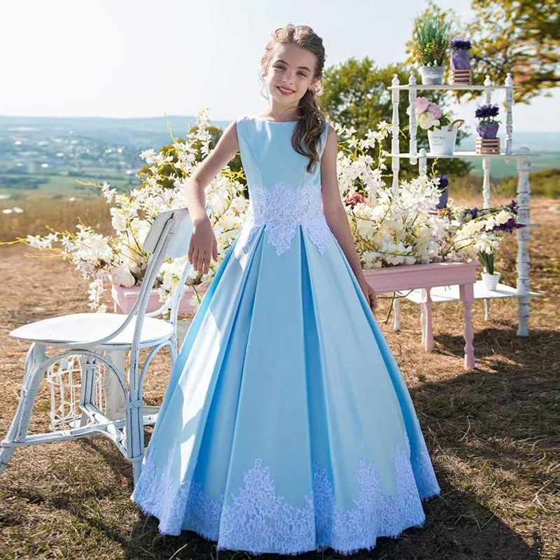 567Lovely Blue Flower Girls Dresses 2019 Kid Birthday Dresses Jewel Neck Sleeveless Lace Appliques Satin Baby Girls Prom Gown for Wedding