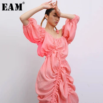 

[EAM] Women Pleated Stitch Asymmetrical Big Size Dress New V-Neck Half Sleeve Loose Fit Fashion Tide Spring Summer 2020 1T917