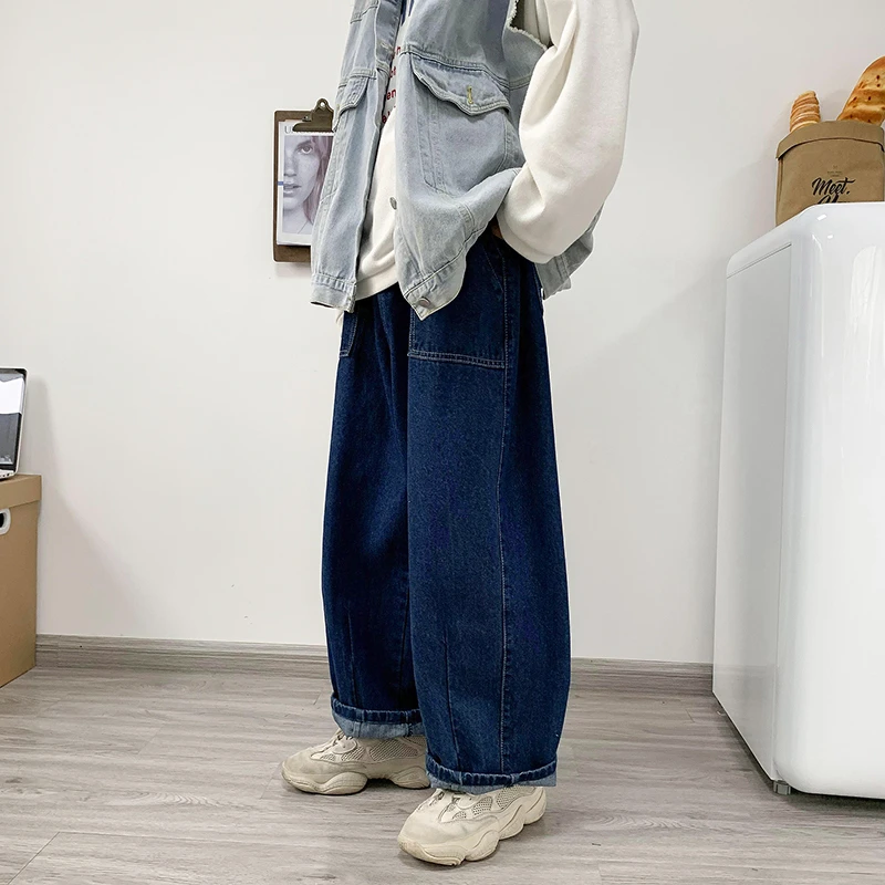 Men Jeans Wide Leg Baggy Retro Japanese Simple Leisure Stylish Soft All-match Pocket Large Size S-3XL Solid