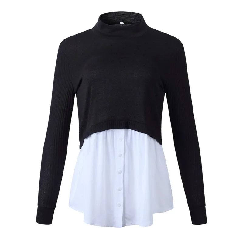 Women Tops Autumn Winter Solid Color Slim Long-Sleeved Outerwear Round Collar Bottom Button Knit Stitching Sweater Rk Women Tops Autumn Winter Solid Color Slim Long-Sleeved Outerwear Round Collar Bottom Button Knit Stitching Sweater Rk