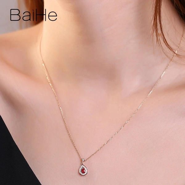 BAIHE Solid 18K желтого золота(AU750) Сертифицированный 0.12ct натуральный рубин женские свадебные модные ювелирные изделия Подарочные ожерелья
