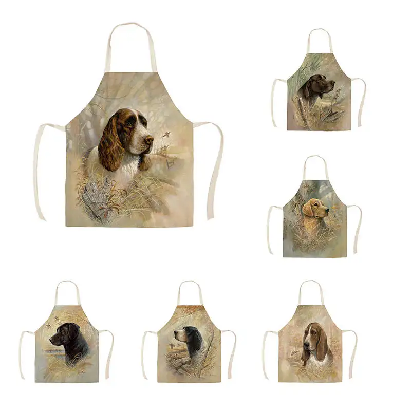 1Pcs Kitchen Apron Sketch black dog head Printed Sleeveless Cotton Linen Aprons for Men Women Home Cleaning Tools 55*68cm