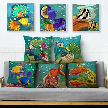 

Cute Colorful Ocean Fish Print Cushion Cover Square Throw Pillows Covers Home