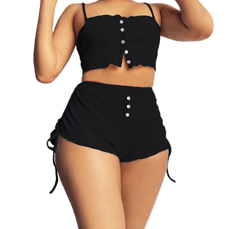 Two Pieces Sexy Women Suit Sets Homewear Pajamas Summer Fashion Sleeveless Frill Hem Buttoned Crop Top & Drawstring Shorts Set long skirt and top set Women's Sets