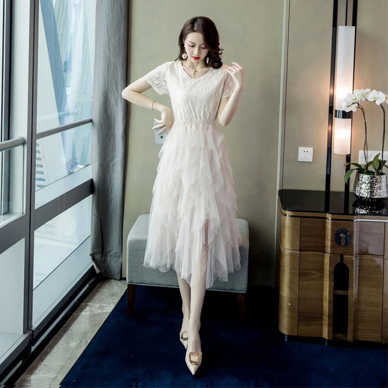 

Dress 2019 Summer New Products Debutante WOMEN'S Dress Fashion Short Sleeve V-neck Slim Fit A- line Skirt