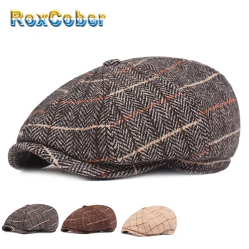 

RoxCober Autumn Winter Vintage Plaid Beret Hats Cotton Wool Octagonal cap For Men Detective Painter Hats Flat Caps Newsboy Cap