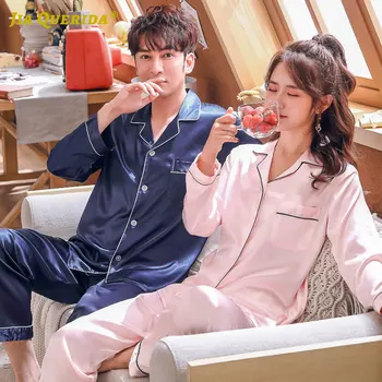 

New Casual Style Men and Women Homesuit Homeclothes Couple Turn Down Collar Pajamas Set Long Sleeve Long Pants Fashion Style