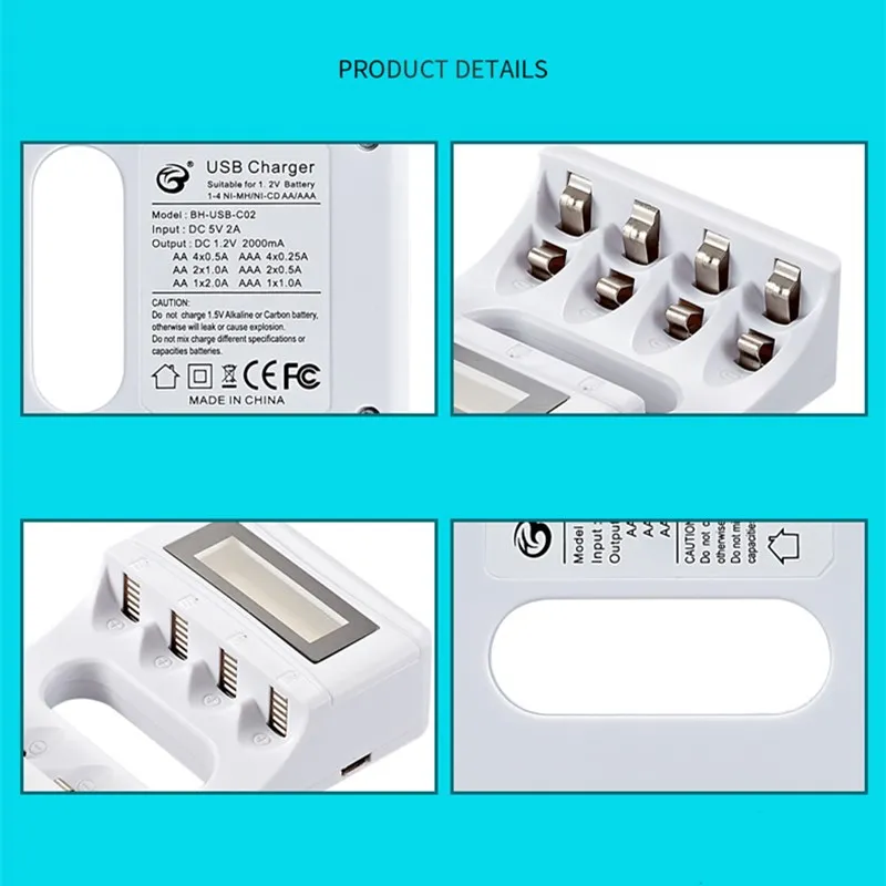 Usb AAA AA зарядное устройство 4 слота независимая зарядка интеллектуальное выходное напряжение и ток с жидкокристаллическим дисплеем