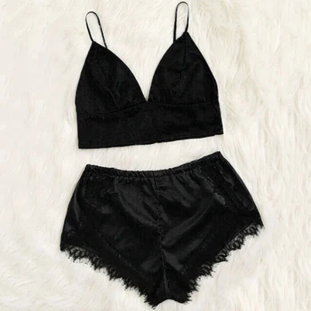 

Ladies Sexy Pajamas New Solid Color Sling Lace High Waist Shorts Two Piece Pajamas Suit Sleeveless Female Suit