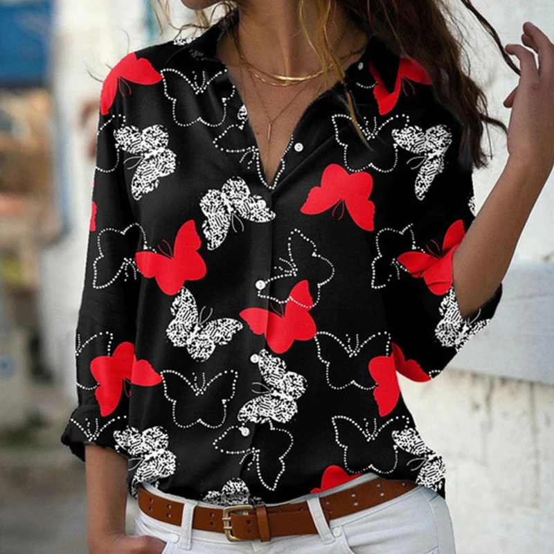 Camisas retro elegantes con prensas de mariposa para mujer, blusas informales de manga larga con en moda de otoño, 2022|Camisa| - AliExpress