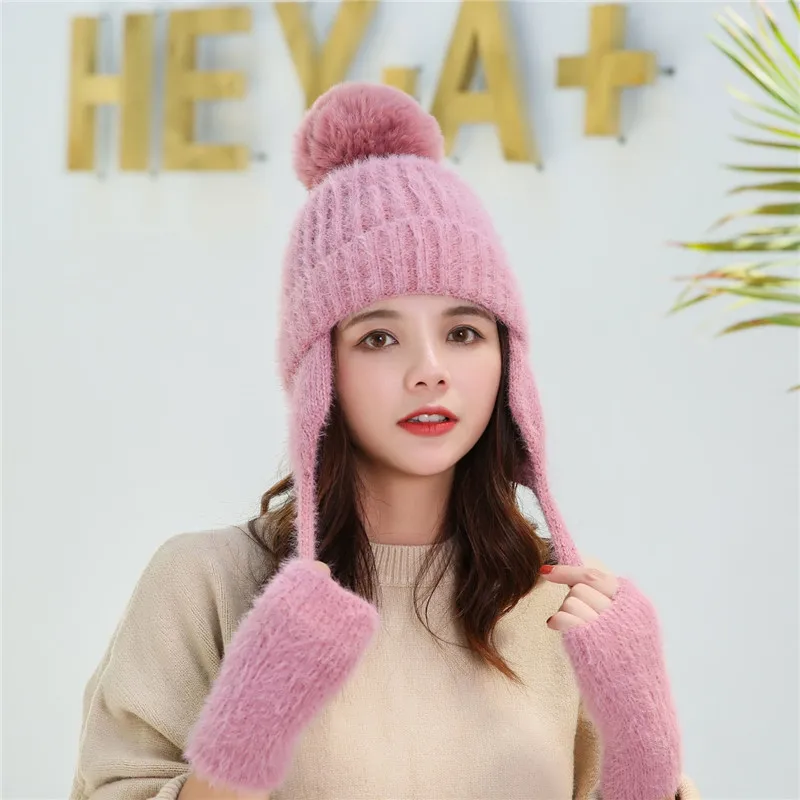 glove hat pipink Женские зимние перчатки, шапка, костюм из вязаной шерсти, модные толстые шапки из искусственного меха кролика, теплые модные милые наушники, шапка, перчатки - Цвет: glove hat pipink