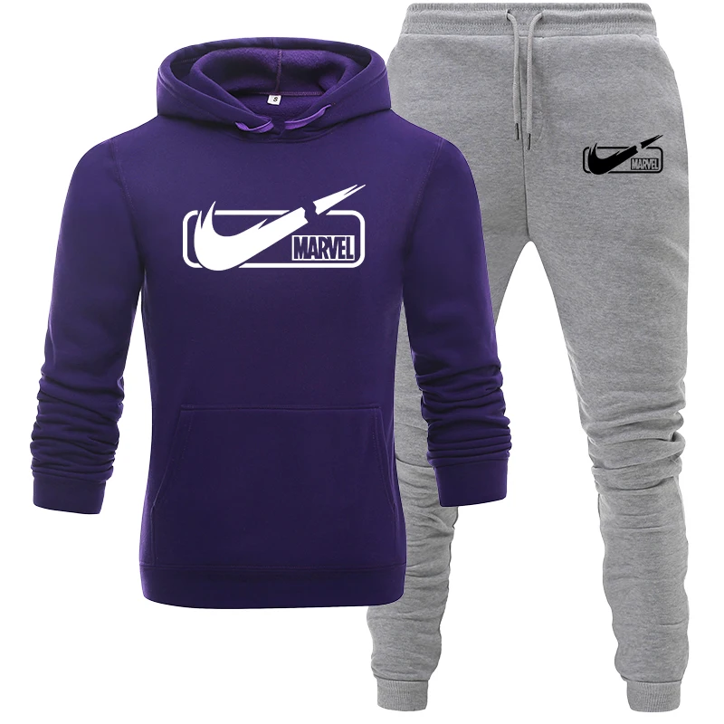 purple Dark gray Спортивный костюм, мужской комплект, толстовка на молнии+ спортивные штаны, набор для бега, мужские толстовки, набор для фитнеса, бодибилдинга, бегунов, мужской спортивный костюм - Цвет: purple Dark gray