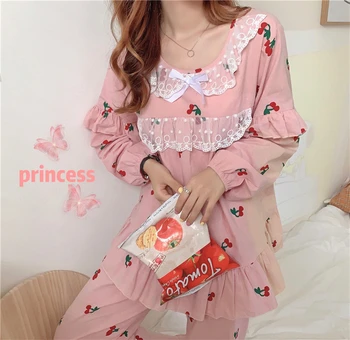 

2Piece/Set Girls Sweet Lolita Pink Pajama Set Cute Cherry Pjs Women Lace Ruffles Women Sweet Princess 100% Cotton Home Sleepwear