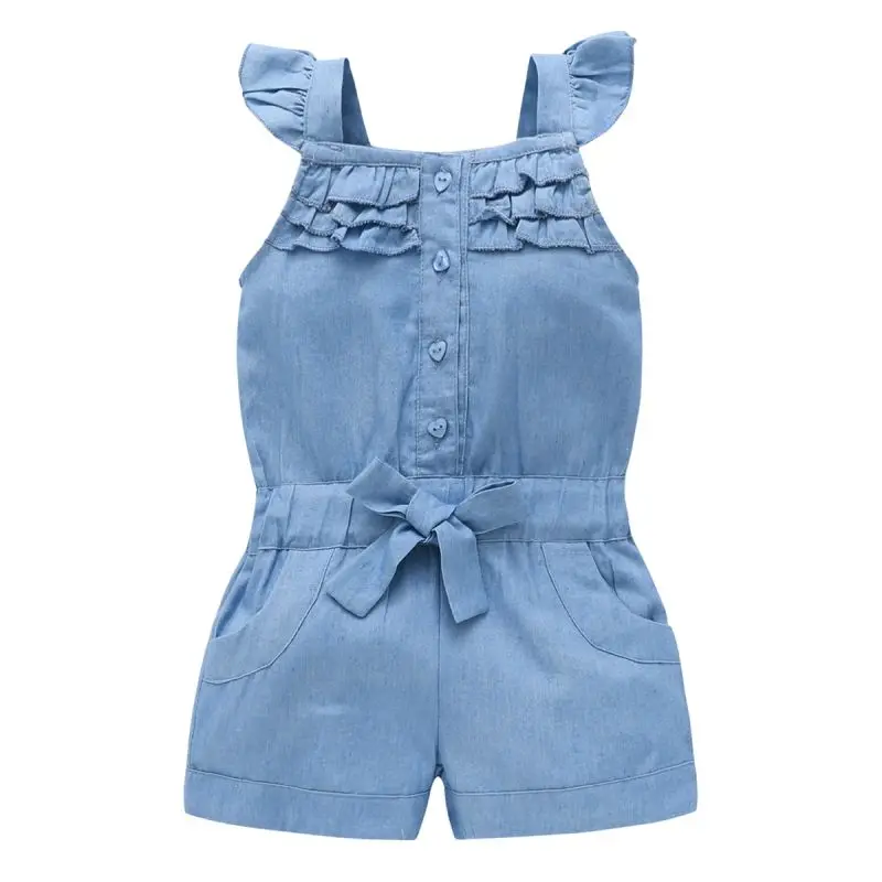 

Kids Baby Girls Clothing Rompers Denim Blue Cotton Washed Jeans Sleeveless Bow Jumpsuit 0-5Y Children Clothes