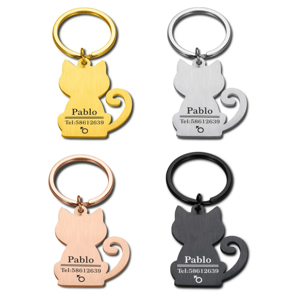 Etiquetas de identificación de gato personalizadas, nombre del número de teléfono para gatito, identificación grabada, Collar, etiquetas colgantes de acero inoxidable, etiquetas de gato