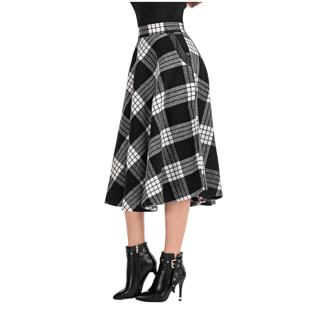 High Waist A Line Women Long Skirt Plus Size 4XL England Plaid Woolen Ladies Skirts Woolen Pleated Tartan Female Bottom