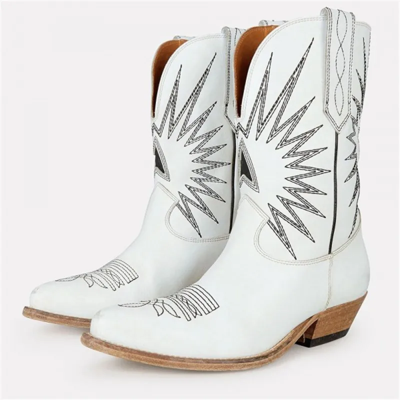 

2019 Stylish White Embroider Cowgirl Boots Block Heel Mid Calf Boots Femme Punk Casual Martin Boots Slip On Chunky Shoes Woman