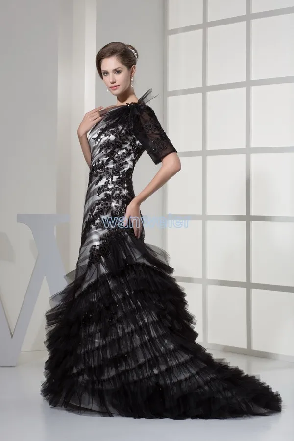 Одно плечо Половина рукава Индивидуальный размер дизайнерская мода вечерние платья маленький поезд Русалка Аппликация вечернее платье