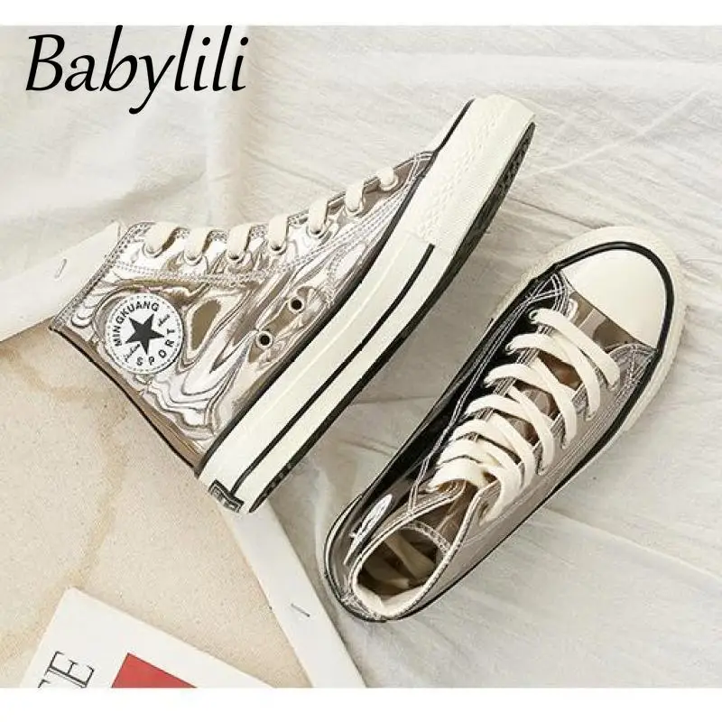 

2019 new high-top canvas shoes female sequins sparkling shoes student shoes non-slip solid color shoes Skateboard Shoes