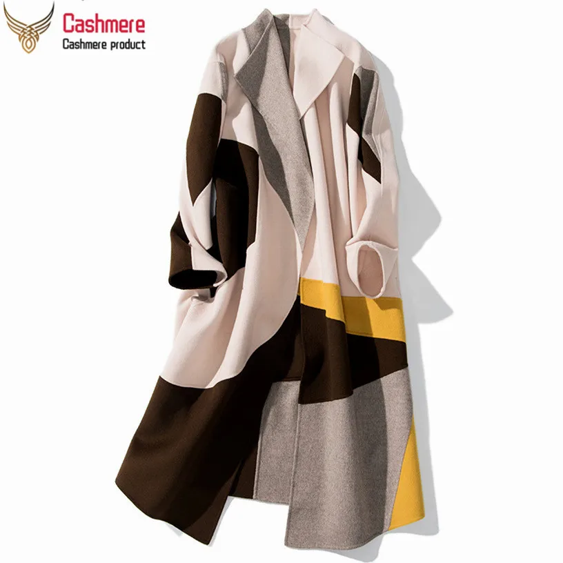 

Limited designe style stitching contrast color long double-sided wool coat woolen women color matching street hipster loose coat