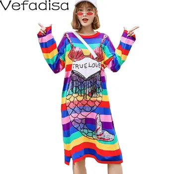 

Vefadisa Mermaid Sequin Sweater Dress Colorful Striped Knitting Dress Women 2020 Autumn Knee-Length Slim Pullover Dress QYF3379