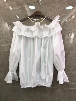 

2020 Early Autumn New Women's round Neck Color Matching Mesh Stitching Ruffles Decorative Collar Solid Color Shirt 824