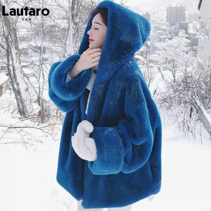 Lautaro зимняя оверсайз теплая синяя мягкая куртка из искусственного меха женская с