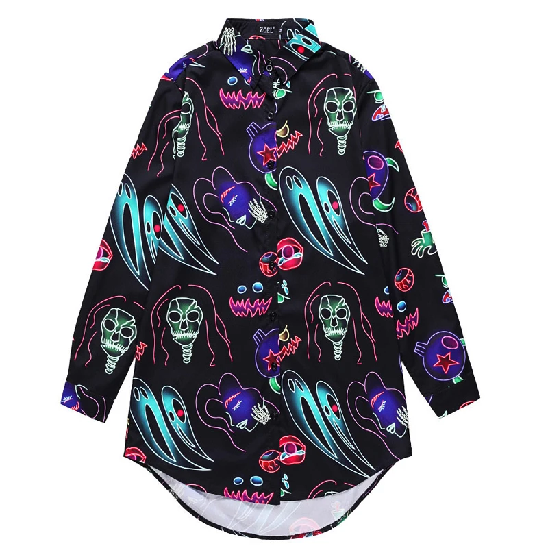 

Harajuku Design Colorful Abstract Pattern Print Women Long Chiffon Blouse Long Sleeve Ladies Black Shirt Tops For Autumn Spring