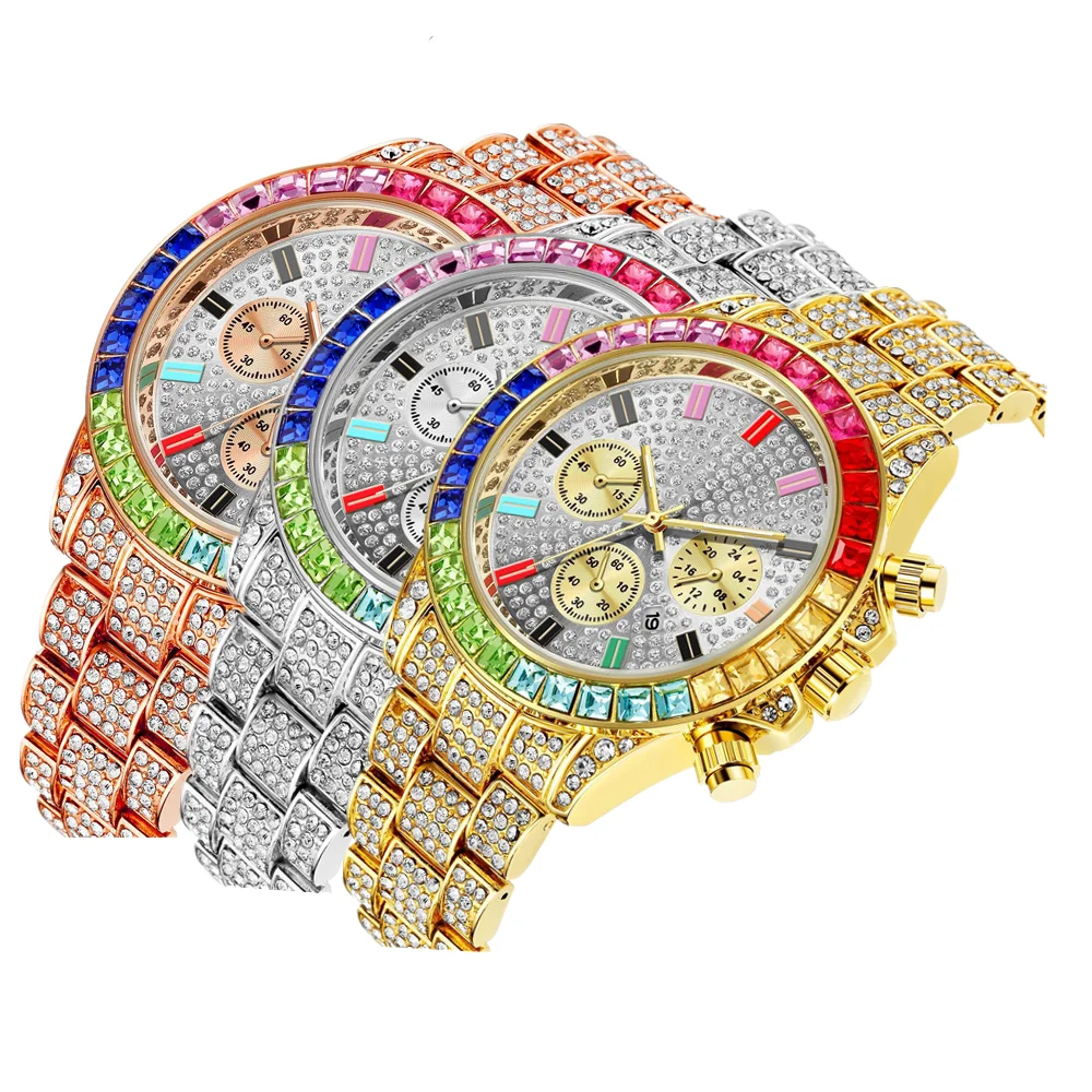 Watches for Men Luxury Hiphop Full Iced Out Watch Men Gold Colorful Rhinestone Hip Hop Watch Quartz Wristwatch Relogio Masculino