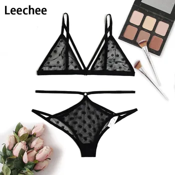 

Leechee sexy underwear Polka Dot transparent liengerie set women Three-point Breathable bralette bandage Erotic bra and panties