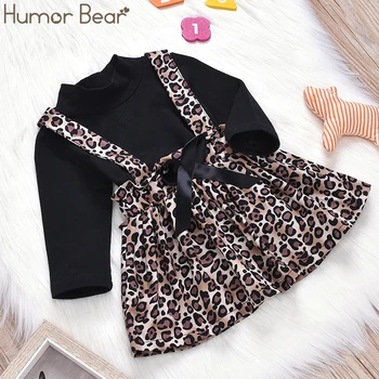 

Humor Bear Spring Toddler Girls Clothes Black Shirt + Strap Leopard Dress Set Outfits Children Suit Toddler Baby KIds Clothes