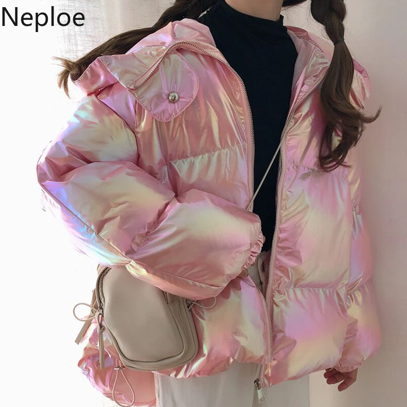 Neploe, модное лазерное зимнее пальто с капюшоном, женские корейские свободные парки с капюшоном, новинка, Корейская куртка на молнии с длинным рукавом, верхняя одежда 56307