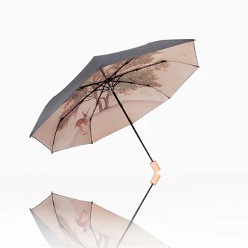 

Wooden Handle Folding Umbrella For Women Travel Anti-UV Rain Chinese Painting Female Sun Umbrella Girl Parasol Boys Umbrellas