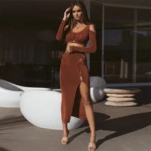 

Two Piece Set Women For Winter Button Cardigan Long Sleeve Short Top Slim Fit Split Skirt Set Femem Sexy Brown Suit Streetwear