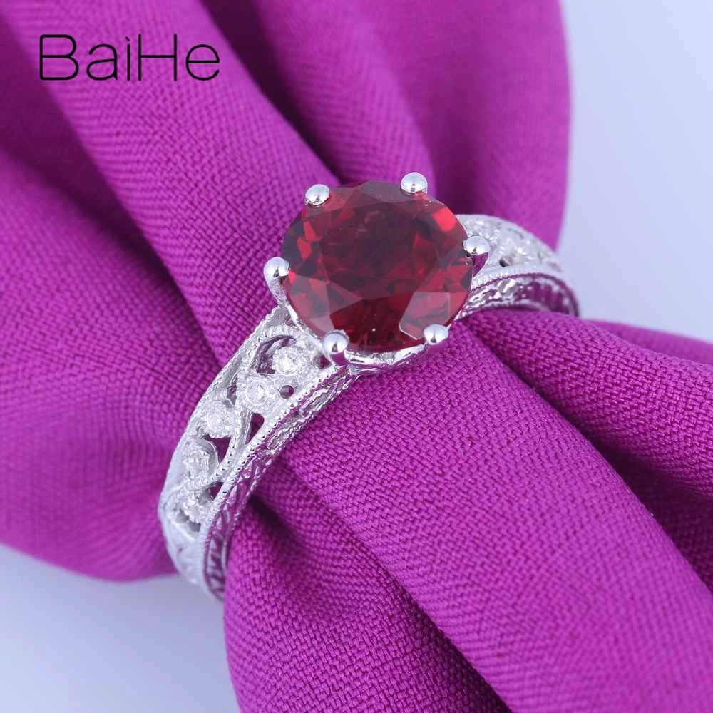 BAIHE твердое 10 к белое золото 2.117ct Сертифицированный красный круглый натуральный гранат безупречное обручальное женское модное Подарочное кольцо