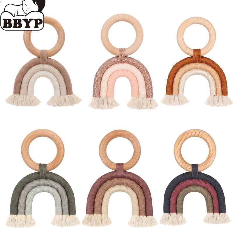 

Baby Teether Rainbow Tassel Crochet Rainbow Wood Rring Rattle Food Grade Products DIY Crafts Teething Toy Handmade Gifts