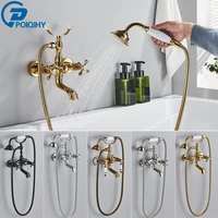 POIQIHY Golden Black Bathtub Shower Faucets Bathroom Wall Bath Shower Set Brass Mixer Tap Swivel Tub Spout Bath Shower Mixers 1