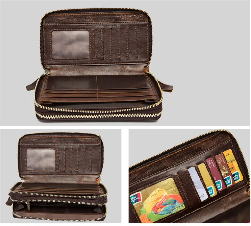 PNDME vintage high quality genuine leather men's clutch purse first layer cowhide long 2 zipper phone credit card holder wallet