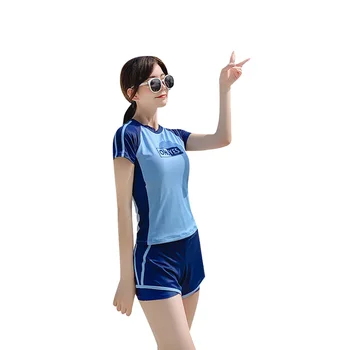 

Japanese Women Slim Patchwork Swimsuit Hit Color Short Sleeve Women Swimsuit Crew Neck Lady Split Beach Wear UV Swimsuit