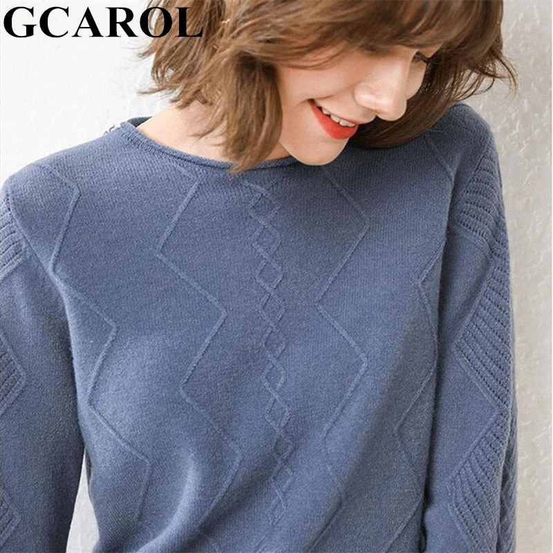 GCAROL New Women O Neck Curled Rhombic Sweater Fall Winter 30% Wool Cashmere Thick Jumper Stretch Warm OL Knitted Pullover S-3XL - Цвет: Синий